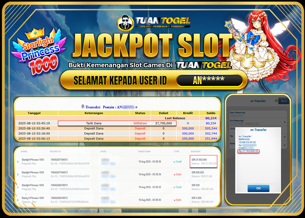 TUANTOGEL JACKPOT SLOT STARLIGHT PRINCESS 1000 Rp27.700.000, - LUNAS